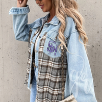 Denim+Plaid Distressed Shacket